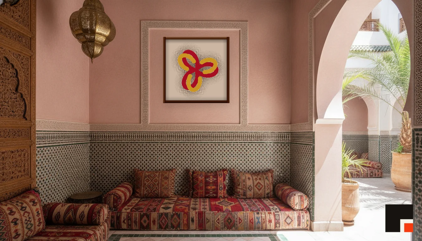 A Lumen & Logic artwork hanging in a Riad hotel interior — Courtyard salon · Marrakech