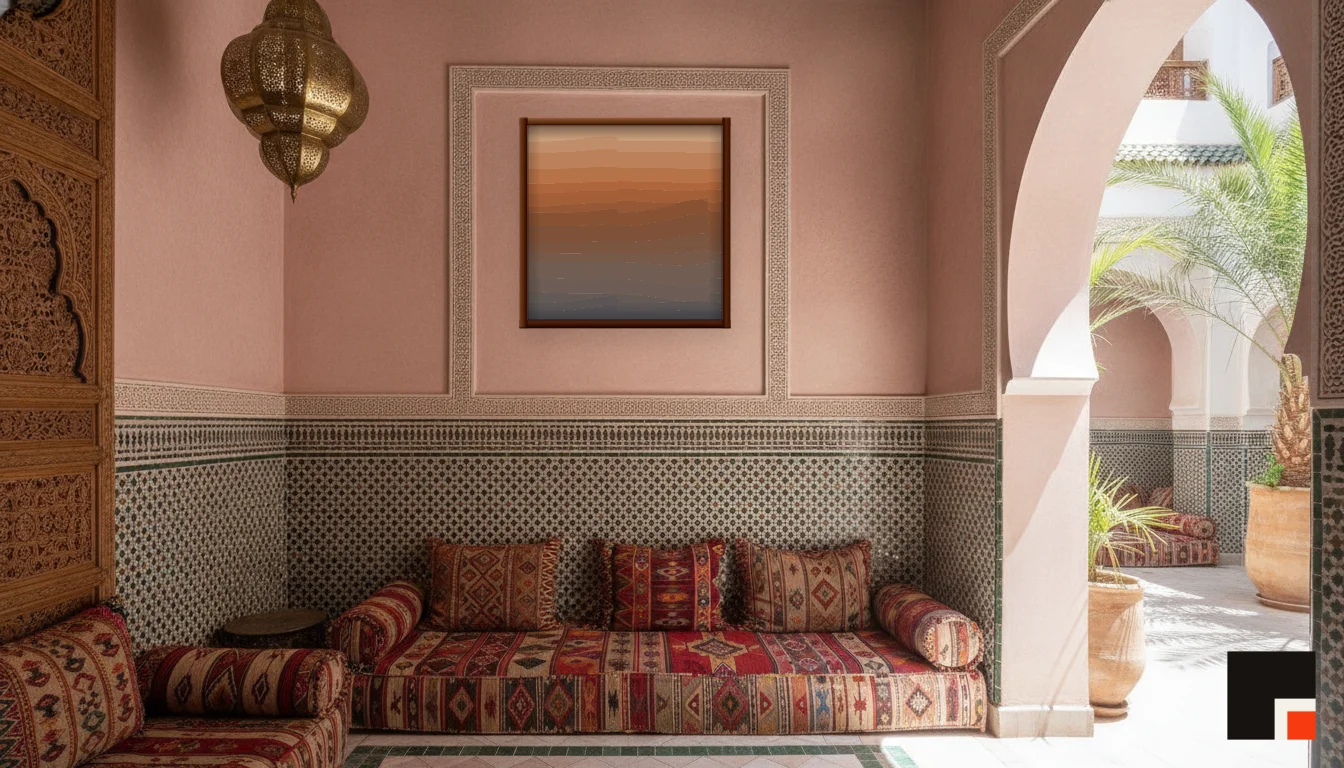 A Lumen & Logic artwork hanging in a Riad hotel interior — Courtyard salon · Marrakech