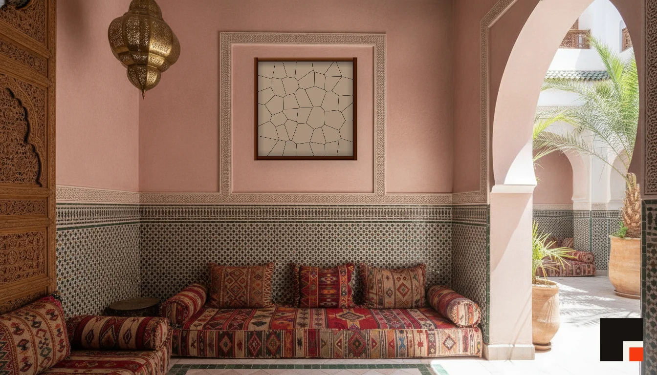 A Lumen & Logic artwork hanging in a Riad hotel interior — Courtyard salon · Marrakech