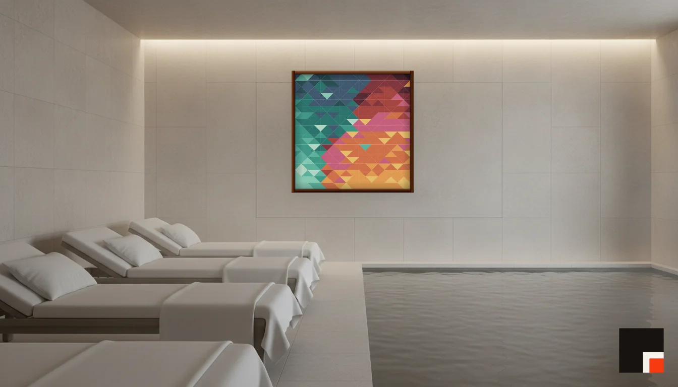 A Lumen & Logic artwork hanging in a Spa hotel interior — Relaxation room · Baden-Baden