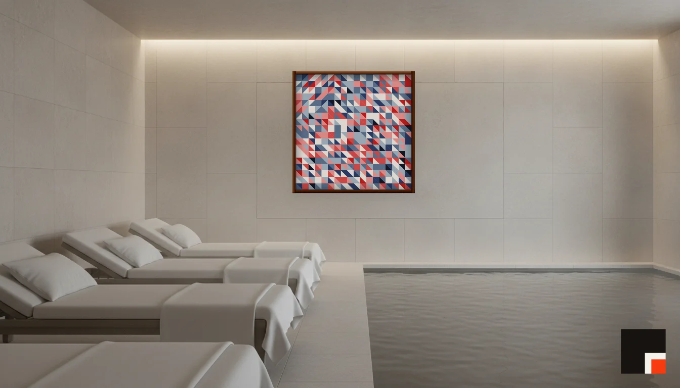 A Lumen & Logic artwork hanging in a Spa hotel interior — Relaxation room · Baden-Baden