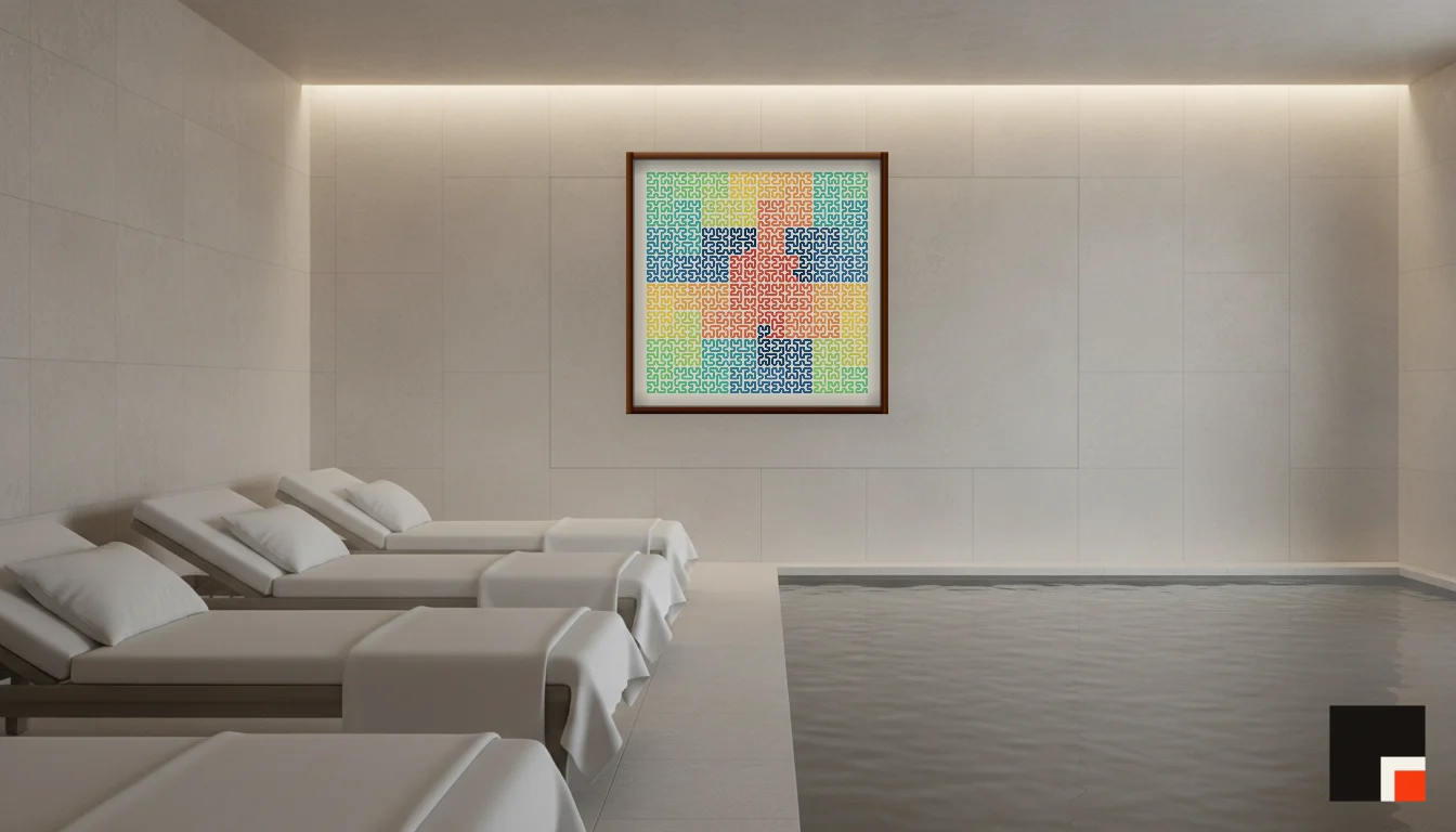 A Lumen & Logic artwork hanging in a Spa hotel interior — Relaxation room · Baden-Baden