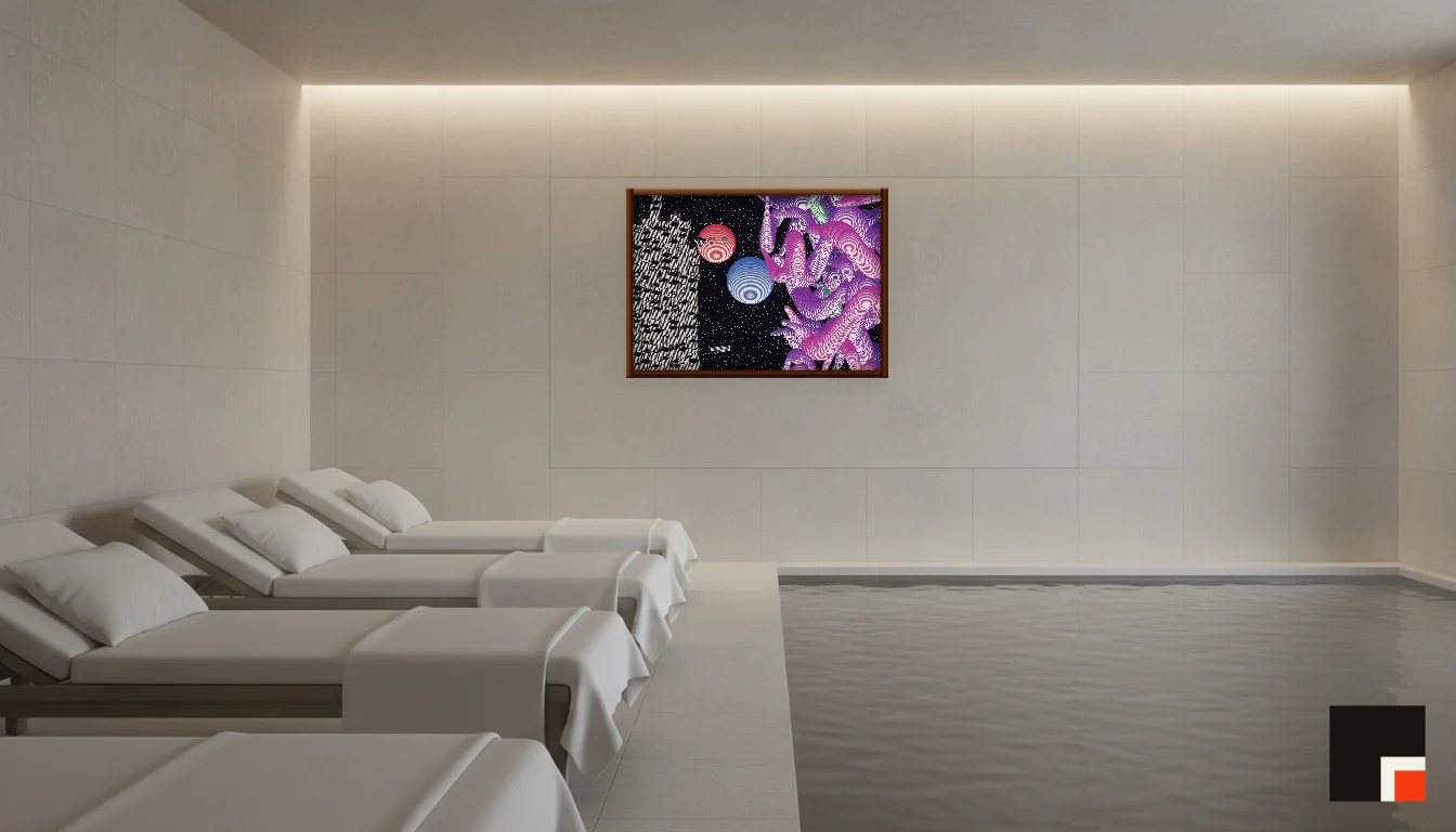 A Lumen & Logic artwork hanging in a Spa hotel interior — Relaxation room · Baden-Baden